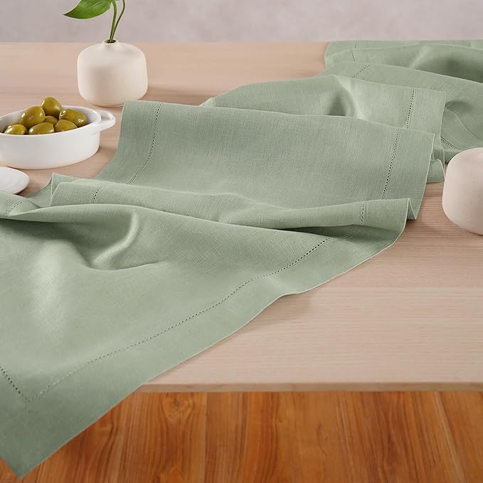 Home Ekaa Sage Green 100% Pure Linen Table Runner 72 inches – Long Hemstitch Runner 14x72 Inch Ideal for Dining - Fall, Christmas, Winter, Holiday, & New Year – Elara