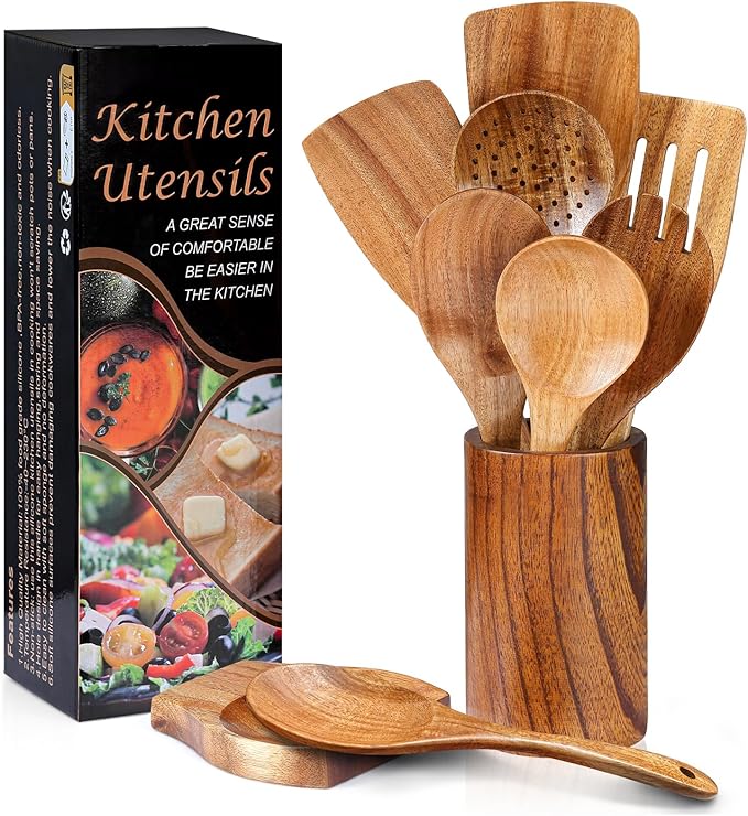 Unokit Cooking Utensils Set for Kitchen - 8 Piece Nonstick Natural Teak Wooden Spoons for Cooking, Comfort Grip Kitchen Utensils Set, Teak Wooden Utensil Set with Holder and Spoon Rest