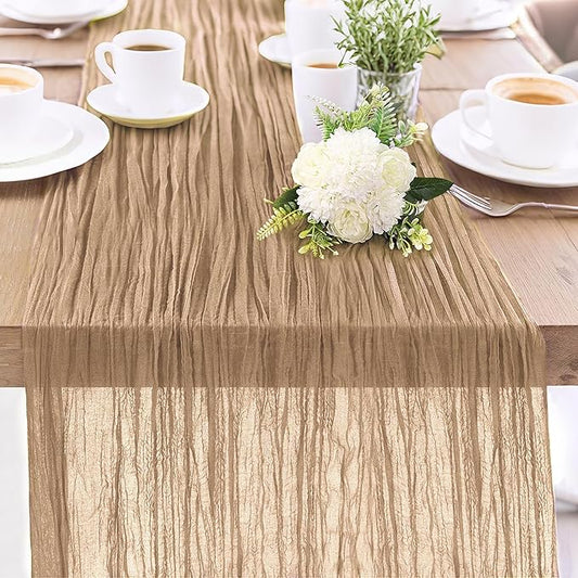 1-Pack Khaki Cheesecloth Table Runners – 10FT (35x120 Inch) Boho Rustic Gauze Fabric Cheese Cloth Table Runner for Weddings, Baby Showers, Bridal Shower, Farmhouse & Birthday Party Decor