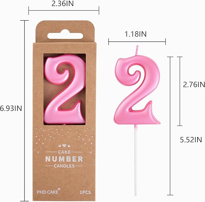 PHD CAKE 2.76 Inch Elegant Pink 2 Number Birthday Candles, Pink Number Candles, Cake Number Candles, Party Celebration