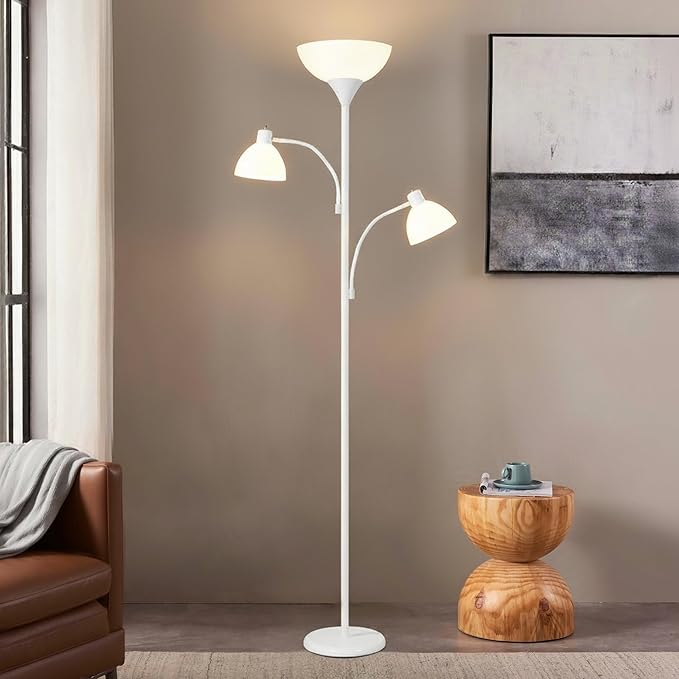 Brightech Sky Dome Double – High Brightness Torchiere Floor Lamp with 2 Reading Lights for Living Rooms, Bedrooms – Replace Halogen Standing Lamps with Efficient LED Office Lighting - Tall White Pole
