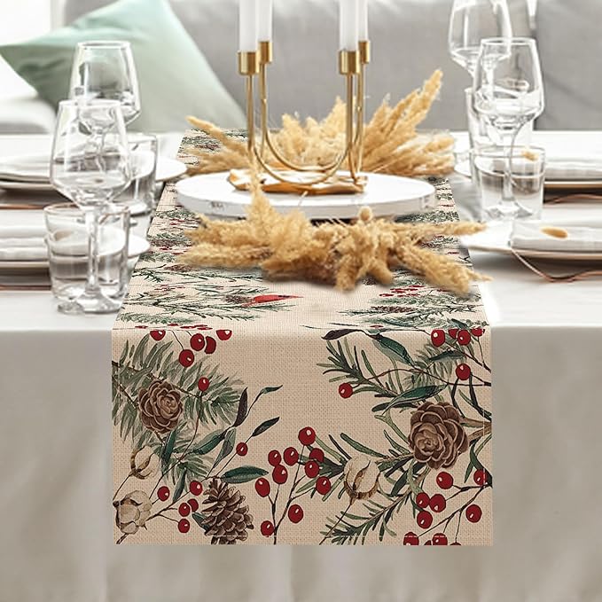 Seliem Winter Pine Needle Branches Table Runner, Pine Cone Cardinal Red Birds Berry Farmhouse Kitchen Dining Table Decor, Christmas Holiday Home Decoration Indoor Outdoor Party Supply 13 x 90 Inches