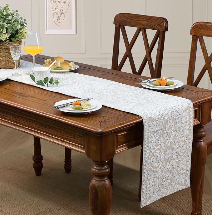 KEVA Boho Table Runner 110inches Long, Farmhouse Rustic Vintage White Embroidered Table Runners 13x110 Inch for Dining Table Decorations
