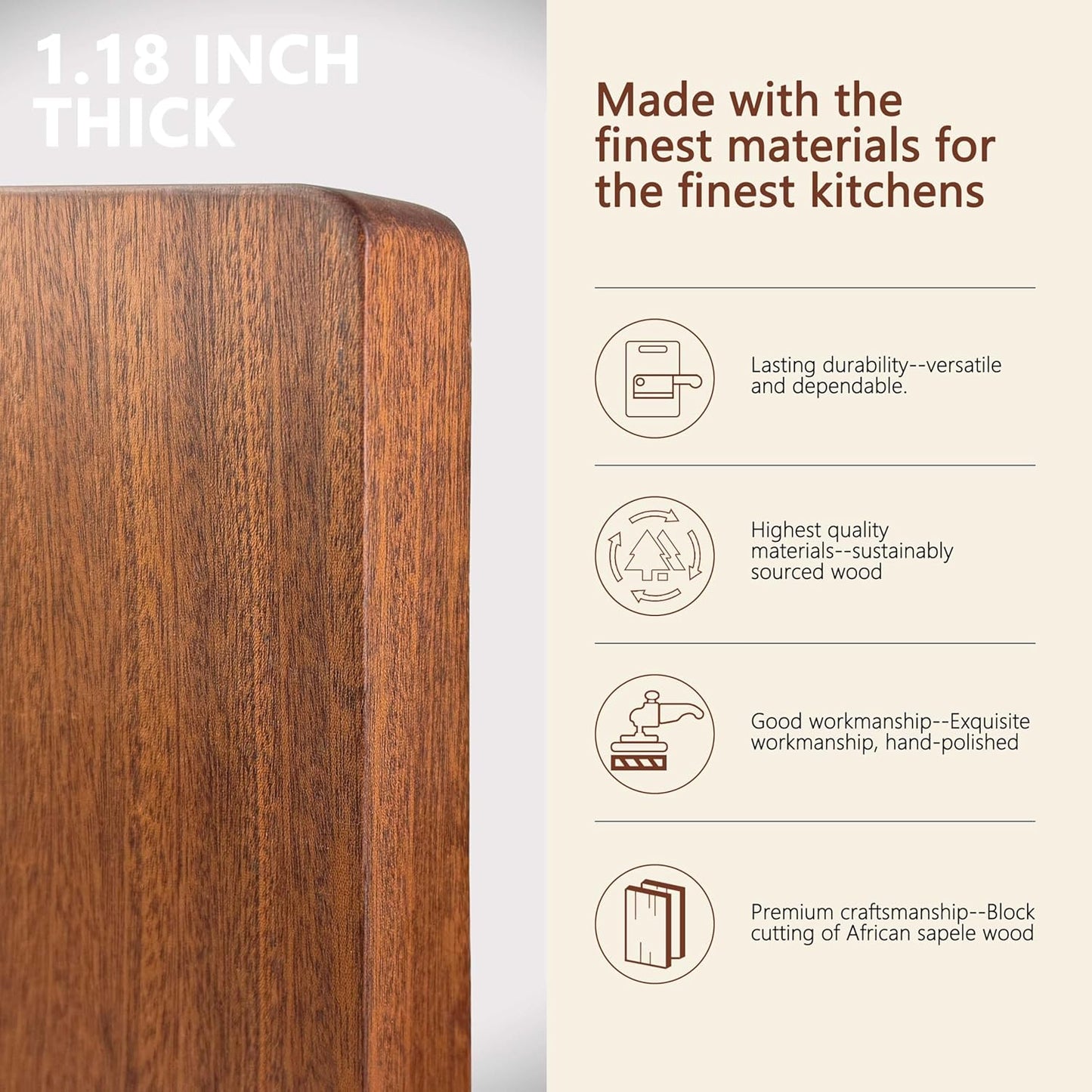 Real Solid Wood Cutting Board- Single Piece Wooden Cutting Board No Splicing&Glue, Sapele Wood Cutting Boards Of 17.7 * 11.8 * 1.2in Heavy Duty