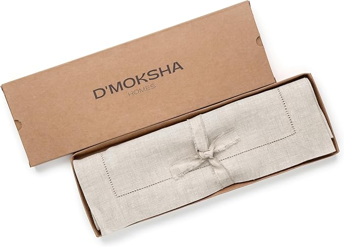 D'Moksha Homes Linen Light Natural Table Runner 48 Inches - Classic Hemstitch, 100% Pure Linen Coffee Table Runner 14 x 48 Inch Ideal for Dresser Tables - Winter, Christmas, Holiday, New Year