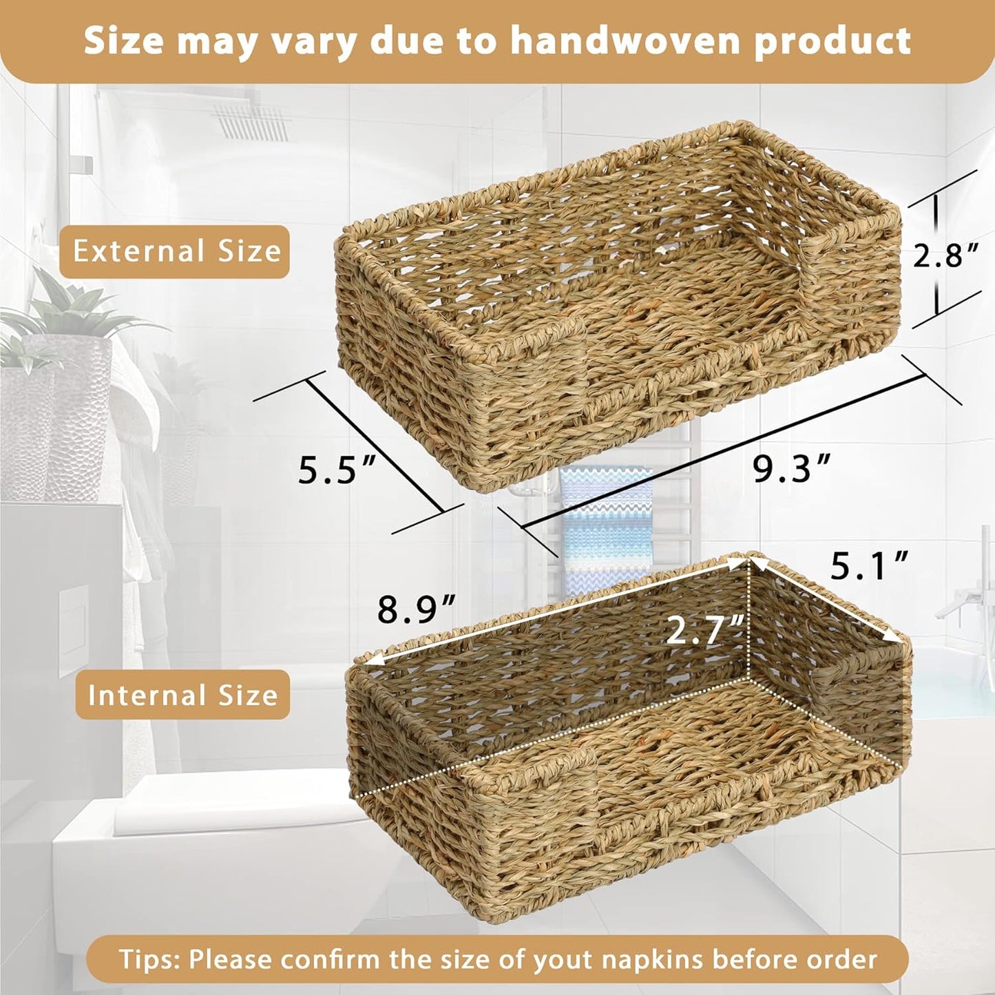 Bathroom Disposable Guest Towel Napkin Holder Long Seagrass Woven Rattan Wicker Table Dinner Paper Hand Guest Towel Napkin Basket Tray Caddy for Kitchen