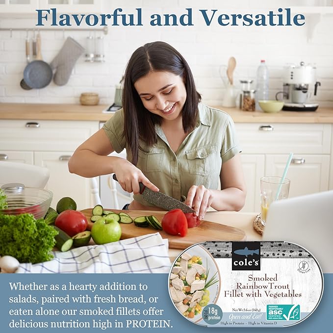 COLE’S - Smoked Rainbow Trout Fillet with Vegetables | Ready to Eat Meal | 5.6 oz Hand-Packed Canned Fish | 18g Protein | High in Vitamin D | 1 unit