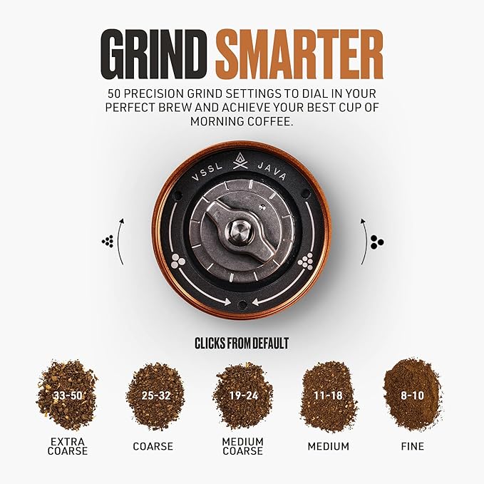 VSSL Java G45 Manual Coffee Grinder | Coffee for Camping | Bean Grinder | Travel Pour Over | Stainless Steel Conical Burr | ~ 45 Gram Capacity | Extendable Grind Handle | 50 Grind Settings | Carbon