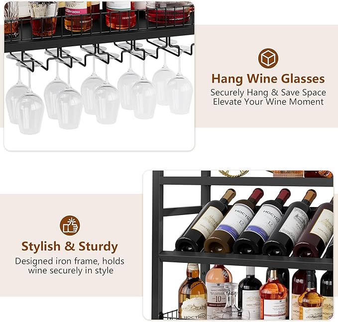 Hoctieon Wall Mount Wine Rack, Wall Mounted Wine Bottle Rack for Display and Storage, Hanging Bottle Holder, for Living Room, Dining Room, Bar, Wine Cellar, Black