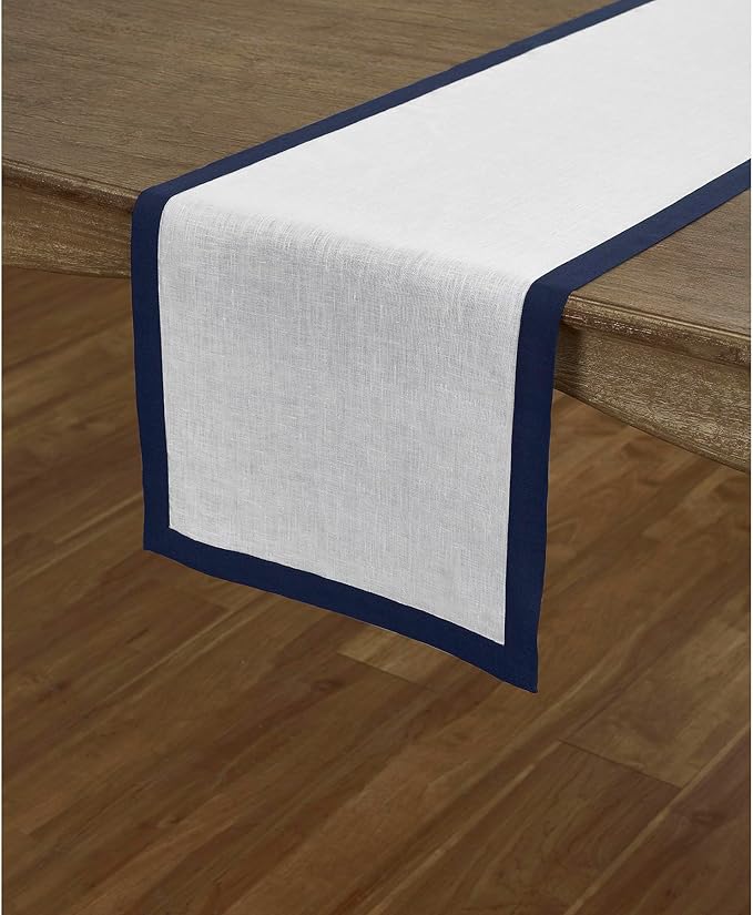 Solino Home Linen Table Runner 90 Inches Long - 100% Pure Linen Navy and White Dining Table Runner 14 x 90 Inch for Christmas, Holiday, Winter, New Year - Classic