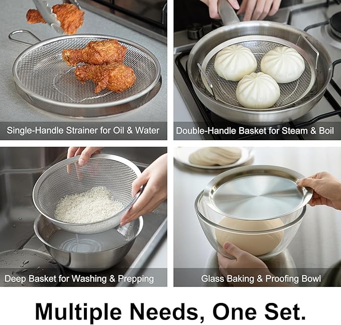 SHIMOYAMA Stainless Steel Bowl & Plate 6-Pcs, Mixing Bowls with Lid, Borosilicate Glass Nesting Bowls for Whisking, Mixing, Kneading, Kitchen Gadgets