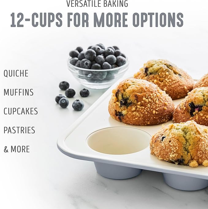 GreenLife 12-Cup Muffin Pan, Healthy Ceramic Nonstick Bakeware, PFOA & PFAS-Free Cupcake Sheet, Durable Baking Tray, Versatile Kitchen Essentials, Easy Clean Muffin Mold, Nonstick Baking Pan, 6 pack