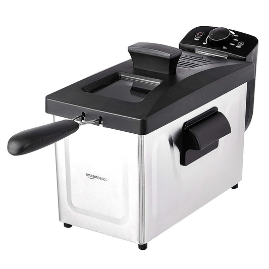 Amazon Basics 3.2-Qt (3.0L) Deep Fryer with 12-Cup Oil Capacity, Adjustable Temperature, Easy Draining Basket, Stainless Steel Exterior, Viewing Window, 1500W, Black & Silver