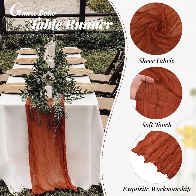 Aktor 12 Pack Terracotta Cheesecloth Table Runner 10Ft Gauze Table Runner Boho Semi Sheer Cheese Cloth Fabric Runners for Wedding Birthday Baby Shower Party Table Decoration（Terracotta）