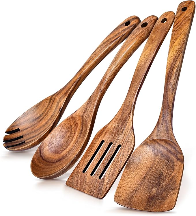 4Pcs Wooden Spoons for Cooking, Acacia Wood Kitchen Utensils Set for Nonstick Pans, Smooth Finish Cooking Utensils with Long Handle, Wooden Spatula for Cooking, Mixing, Baking