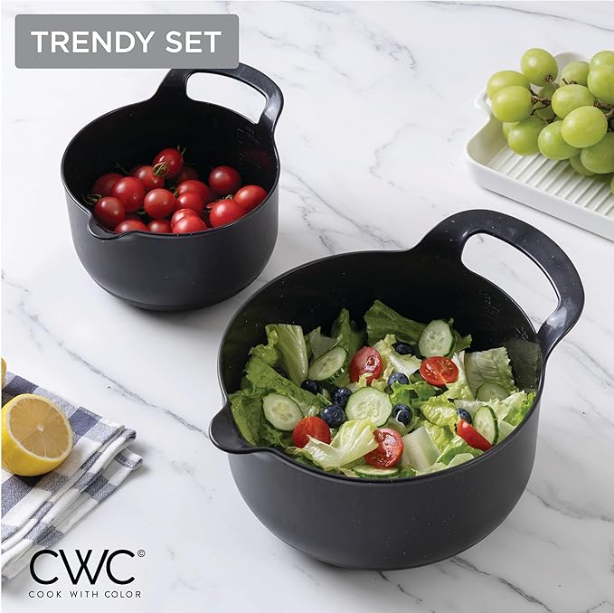 COOK WITH COLOR Nesting Plastic Mixing Bowl Set with Pour Spouts and Handles, Black Speckled, 6 Piece Non-Slip