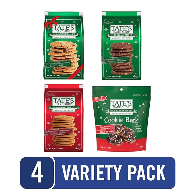 Tate's Bake Shop Holiday Cookies Variety Pack, Chocolate Chip, Toffee, and Gingersnap Cookies, plus Peppermint Bark, 4 Bags
