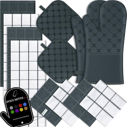 Oven Mitts Kitchen Towels Dishcloths with Pot Holders Sets 12PCS,Dish Towels Sets,Oven Gloves Pot Pads Heat Resistant 500 Degrees with Non-Slip Silicone Surface for Cooking Baking Grilling-Deep Green