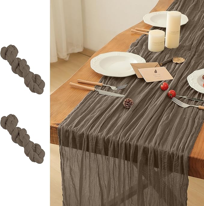 Leetaltree 2 Pack Taupe Cheesecloth Table Runner, 35x120 Inch Boho Rustic Cheese Cloth Table Runner, Decorative Table Runners for Bridal Baby Shower Decorations or Wedding Table Decorations