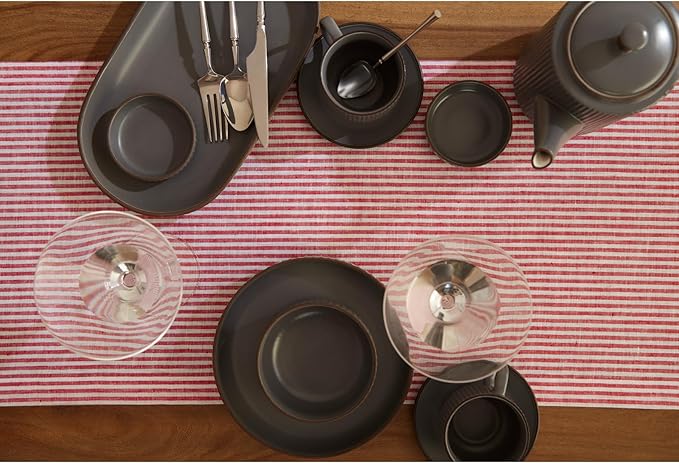 Solino Home Linen Table Runner 60 Inches - Narrow Stripe 100% Pure Linen Red and White Table Runner 14 x 60 Inch Ideal for Dresser and Coffee Tables - Christmas, Holiday, Winter, New Year