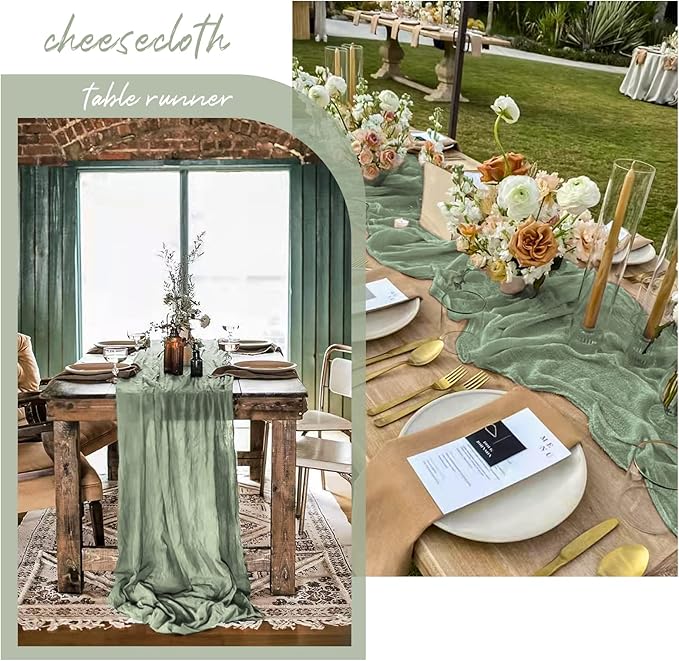 12 Pack 10Ft Sage Green Cheesecloth Table Runner 35 x 120 inch Boho Gauze Cheese Cloth Table Runner Vintage Rustic Sheer Runners for Wedding Bridal Shower Birthday Party Cake Table Decorations