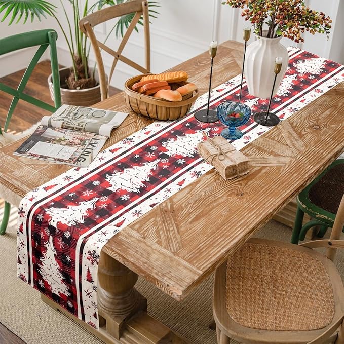 Buffalo Plaid Christmas Tree Table Runner, Red, 13x72 Inch