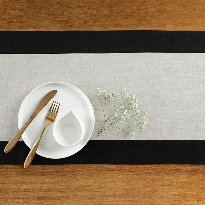 Solino Home Linen Table Runner 120 Inches Long - Black and Natural 100% Pure Linen 14 x 120 Inch Table Runner for Dining, Winter - Contempo