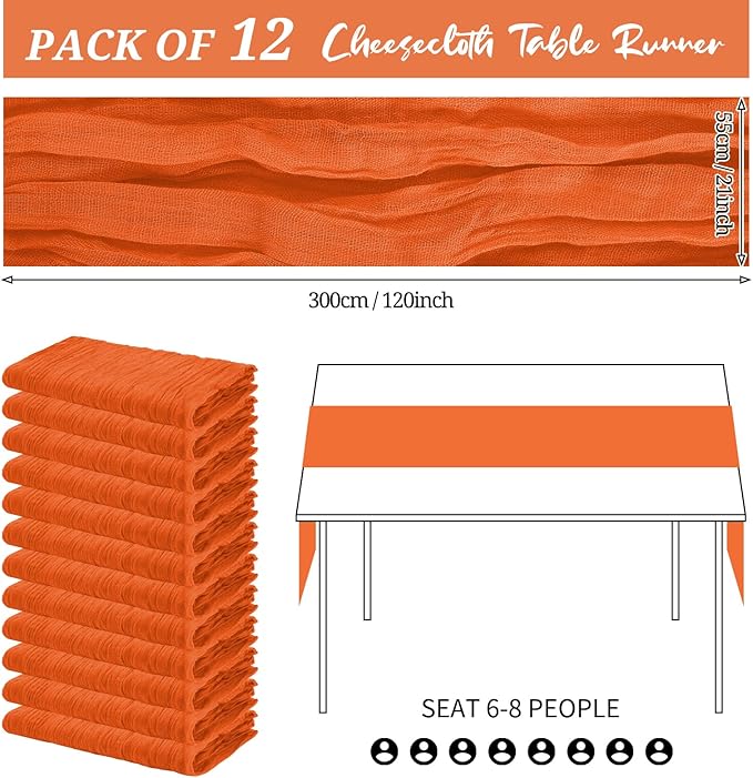 12 Pack Cheesecloth Table Runner 20 x 120 inch Cheese Cloth Table Runner Bulk,Romantic Boho Sheer Gauze Fabric Table Runners for Wedding Reception,Party,Bridal Shower Table Decor(Orange)