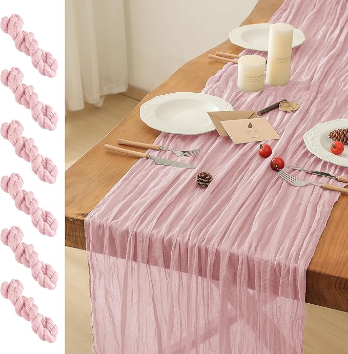 Leetaltree 6 Pack Dusty Pink Cheesecloth Table Runner, 35x120 Inch Boho Rustic Cheese Cloth Table Runner, Decorative Table Runners for Bridal Baby Shower Decorations or Wedding Table Decorations