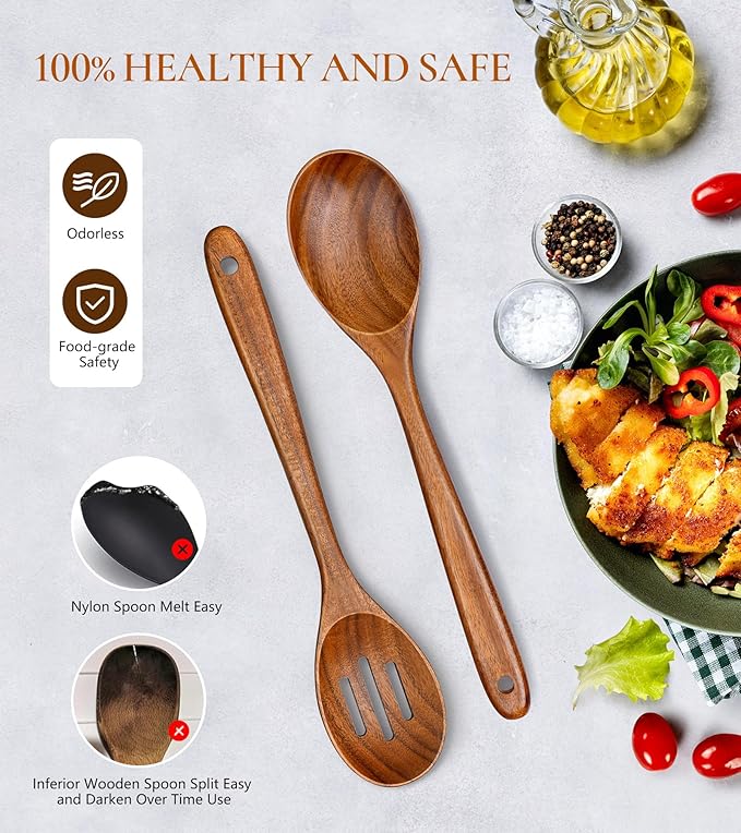 2Pcs Wooden Spoons for Cooking, Natural Premium Teak Wooden Spoon & Slotted Spoon, Good Grip Large Cooking Spoons Spatula, Heat Resistant Wooden Kitchen Cooking Utensils Set for Nonstick Cookware