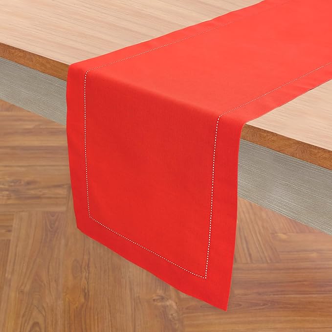 Solino Home Cotton Linen Poppy Red Table Runner 72 Inches Long - Hemstitch Table Runner 14 x 72 Inch for Dresser, Dining, Christmas, New Year