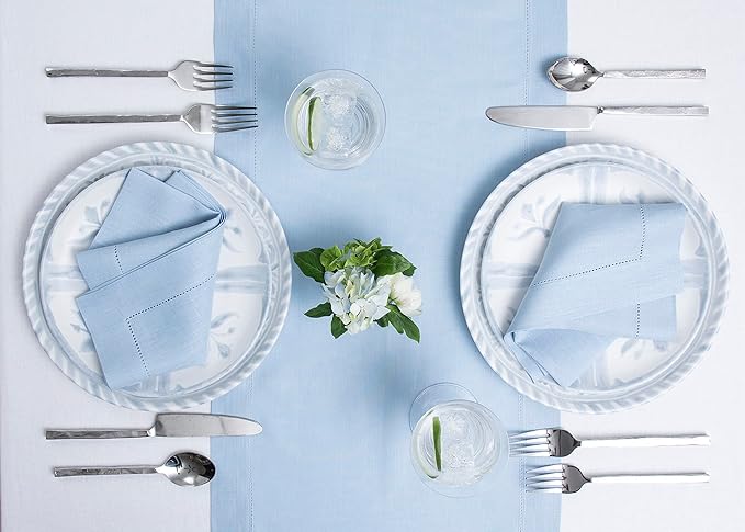 Solino Home Linen Sky Blue Table Runner 72 Inches Long - 100% Pure Linen Hemstitch Table Runner 14 x 72 Inch for Dresser, Dining, Holiday, Christmas, New Year - Classic Hemstitch