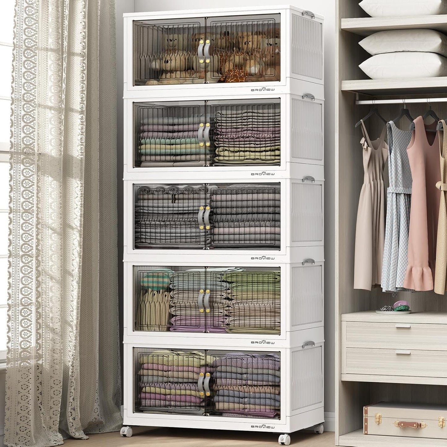 600Qt Stackable Storage Bins with Lid, Extra Large Closet Organizer Collapsible Drawer Boxes with Wheels, Folding Plastic Cabinet Containers for Home Kitchen Room Organization, 5Pack White