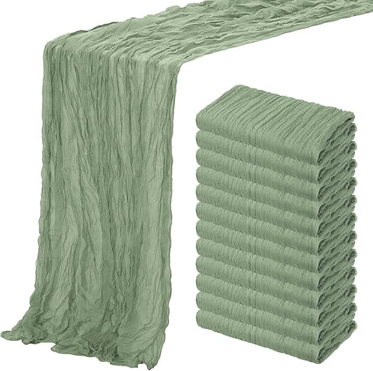 Aktor 12 Pack Sage Green Cheesecloth Table Runner 10Ft Gauze Table Runner Boho Semi Sheer Cheese Cloth Fabric Runners for Wedding Birthday Baby Shower Party Table Decoration（Sage Green）