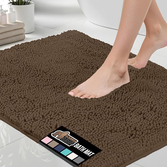 GORILLA GRIP Bath Rug Mat 30x20, Thick Soft Absorbent Chenille, Quick Dry Microfiber Mats, Rubber Backing Washable Shower Floor Rugs, US Designed Bathroom Bathmat Home Decor Accessories, Brown