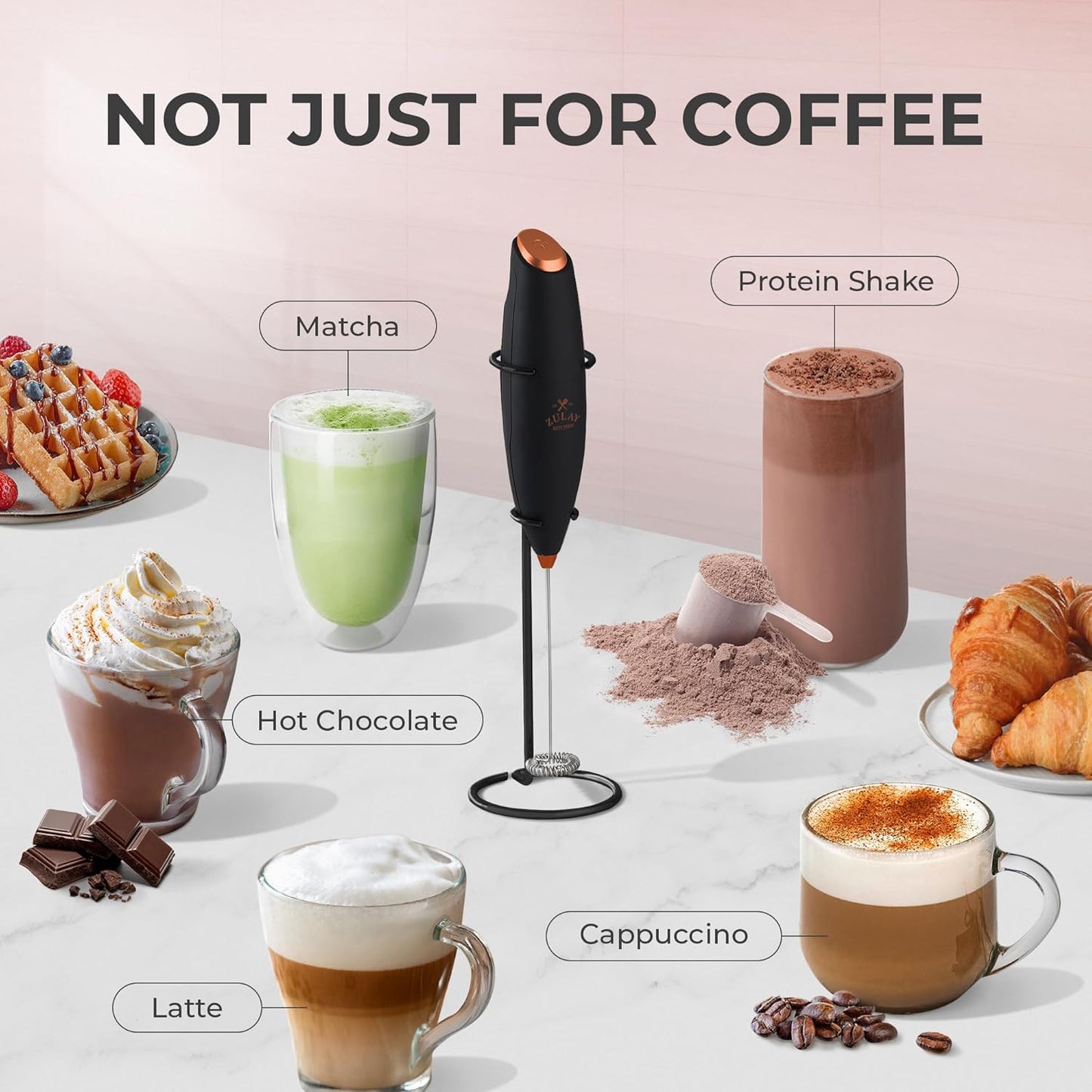 Zulay Powerful Milk Frother (4 Duracell Batteries Included) - Handheld Milk Frother Wand Drink Mixer for Coffee - Powerful Milk Foamer for Cappuccino, Frappe, Matcha & Creamer - Black/Copper