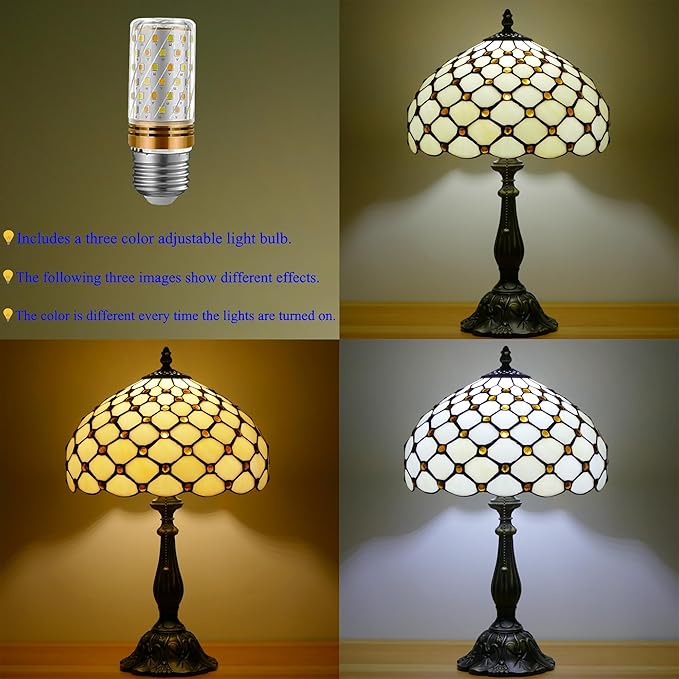 Tiffany Lamp Stained Glass Table Lamp Antique Bedside Reading Light W12H19 Inches (Cream Amber Pearl)