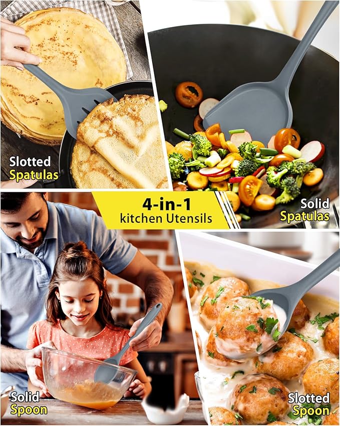 4 Pcs Silicone Kitchen Utensils Set, Wok Spatulas-Slotted Turner-Cooking Spoon-Slotted Spoon, Nonstick BPA Free High Heat Resistant Cooking Utensils for Frying, Mixing, Serving, Draining, Stirring