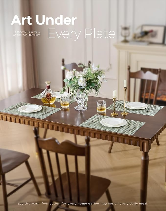 Leetaltree Green Placemats Set of 6 - Heat Resistant Non-Slip Place mats for Dining Table, Washable Durable PVC Vinyl Woven Table Mats（Green Zigzag, 6）
