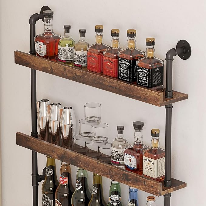 5-Tier Wall Mounted Wine Rack, Industrial Pipe Bar Shelf for Wine Bottle Storage, Industrial Pipe Shelves Shelf Shelving for Home Bar Dining Room Kitchen (40" W x 79" H x 8.6" D)