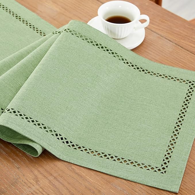 Burlap Style Farmhouse Table Runner, 13 x 108 Inch Avocado Green, Rustic Geometric Hollow Table Runners 108 Inches Long for Dresser Table Everyday Use, 13x108 Inches, Avocado Green