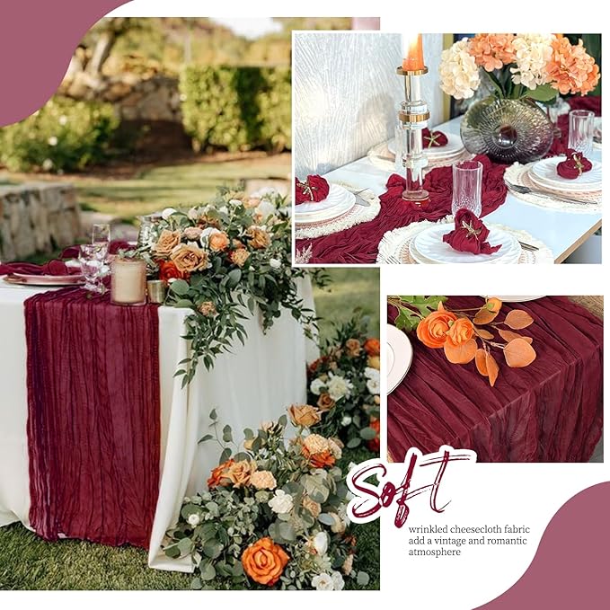 6 Pack Burgundy Cheesecloth Table Runner 17x108 Inch Semi Sheer Boho Gauze Cheese Cloth Fabric Table Runners, for Wedding Party Baby Shower Birthday Home Decor Garden Farmhouse