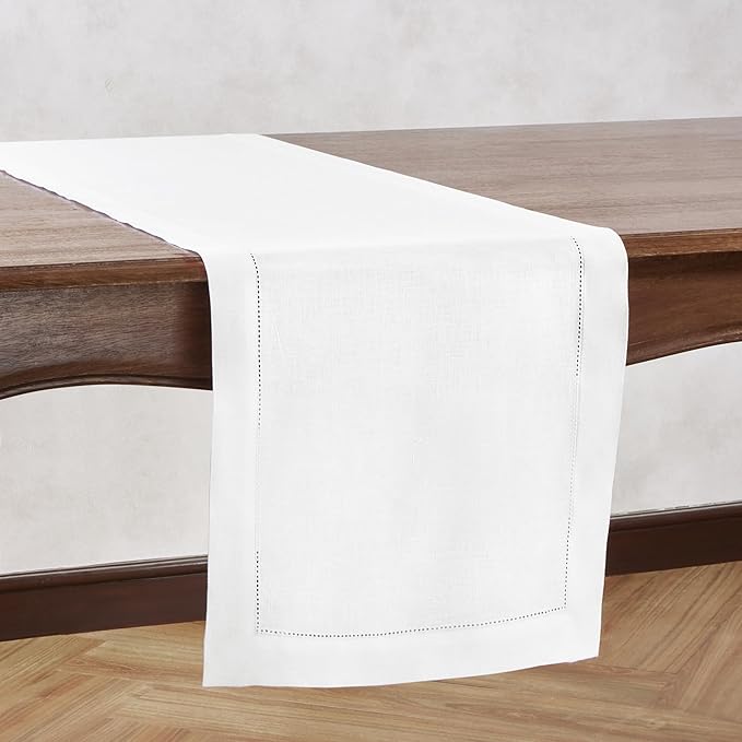 Home Ekaa 100 % Pure Linen White Table Runner 36 inches – Washable Small Hemstitch 14 x 36 Inch Table Runner for Dining, Christmas, Fall, Winter, Holiday & New Years Decor – Elara