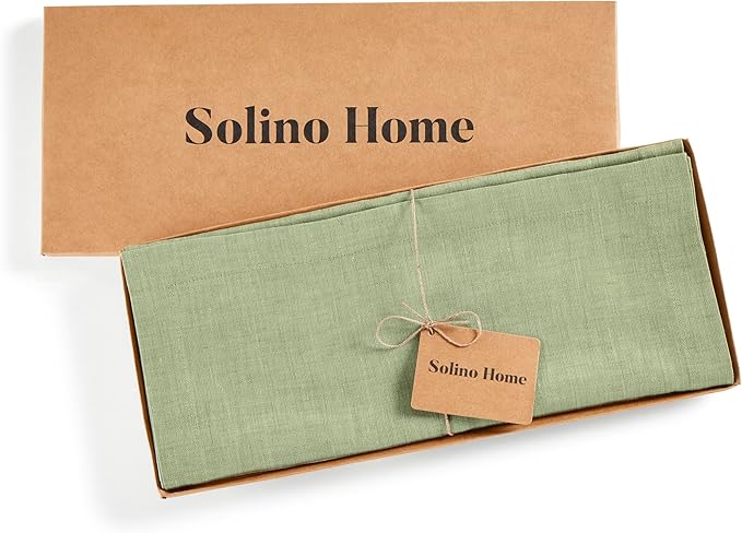 Solino Home Linen Small Table Runner 48 Inches - Athena, 100% Pure Linen Chambray Olive Table Runner 14 x 48 Inch Ideal for Dresser and Coffee Tables - Christmas, New Year