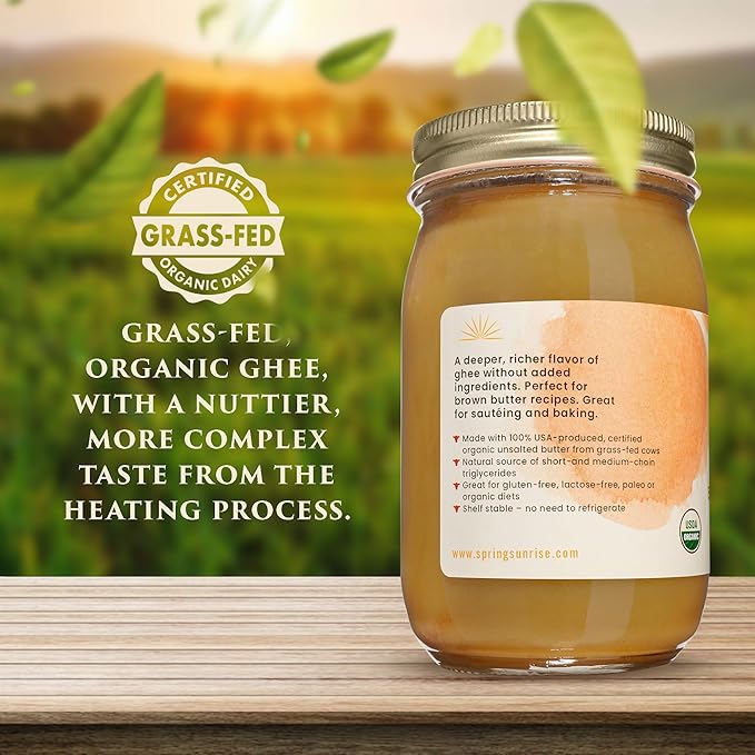 Spring Sunrise Organic Brown Ghee - Grass Fed Clarified Butter - Keto & Paleo Friendly, Lactose & Gluten Free Cooking Oil with High Smoke Point - 16 oz Jar