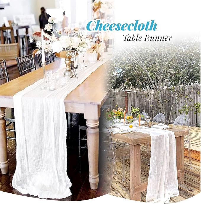 Aktor 12 Pack White Cheesecloth Table Runner 10Ft Gauze Table Runner Boho Semi Sheer Cheese Cloth Fabric Runners for Wedding Birthday Baby Shower Party Table Decoration（White）