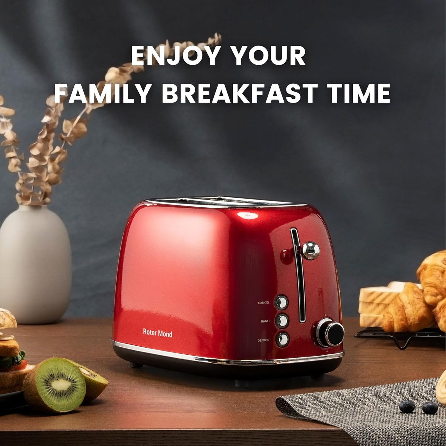 2 Slice Toaster Retro Stainless Steel with Bagel, Cancel, and Defrost Functions, 6 Bread Shade Settings, Extra Wide Slots and Removable Crumb Tray, Red