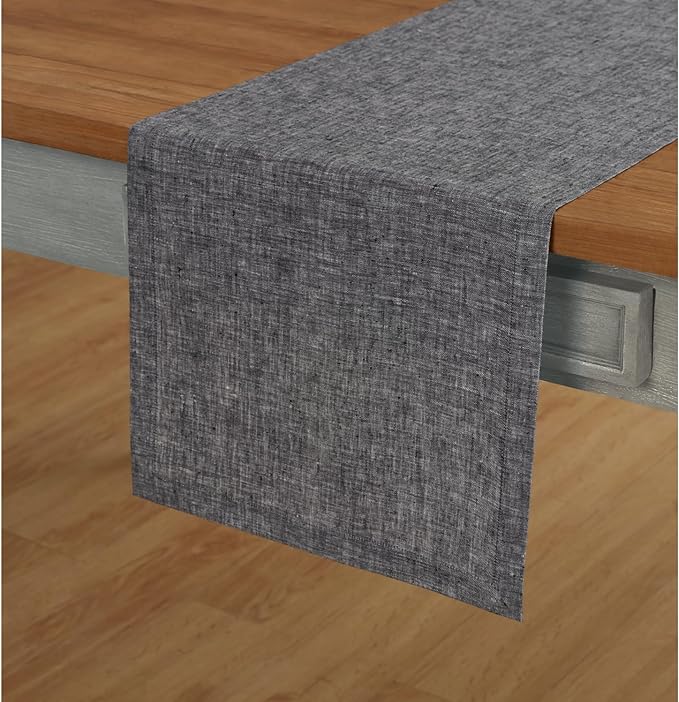 Solino Home Linen Table Runner 144 Inches Long - Athena, 100% Pure Linen Chambray Black Dining Table Runner 14 x 144 Inch