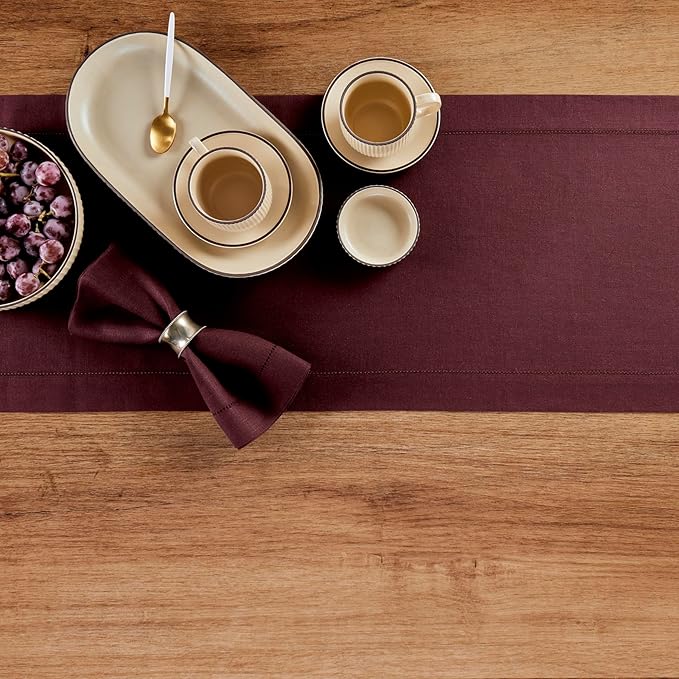 Solino Home Linen Burgundy Table Runner 144 Inches Long - 100% Pure Linen Extra Long Table Runner 14 x 144 Inch for Christmas, Holiday, Winter, New Year - Classic Hemstitch