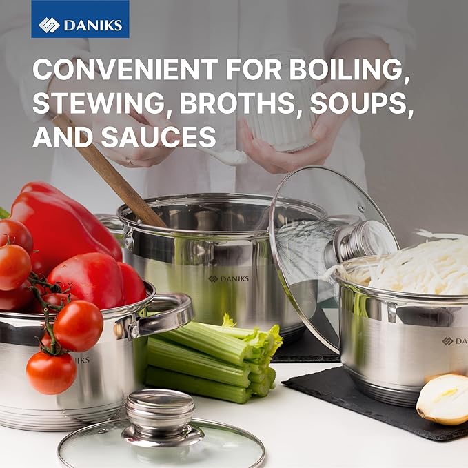 Daniks Standard 10 Quart Stainless Steel Stock Pot with Glass Lid, Try-Ply Bottom for Even Heating, Induction Compatible, Dishwasher Safe, Built-In Measuring Scale, Silver